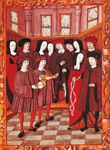 Joven pareja escuchando a músicos, imagen de un manuscrito francés de French School
