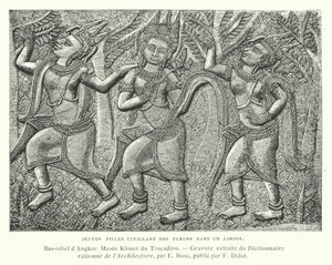 Niñas recogiendo flores en un jardín, bajorrelieve de Angkor, Camboya (grabado) de French School