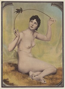Joven mujer desnuda con pájaros (litografia de color) de French School