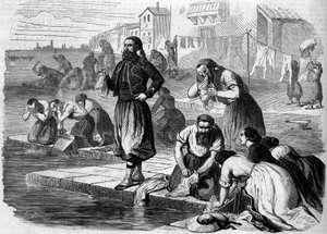 Zuavos del ejército francés lavando su ropa. Italia, Risorgimento de 1859. Grabado en “Le Monde Illustré” n°122 del 13 de agosto de 1859.