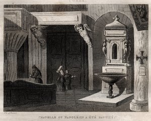 Capilla donde fue bautizado Napoleón - Grabado de “Italia pintoresca” - Pintura histórica y descriptiva de Italia por M. de Norvins, Ch. Nodier 1834-1836