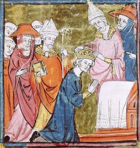 La coronación del emperador Carlomagno (742-814) por el Papa León III (c.750-816) en San Pedro, Roma en 800, Grandes Crónicas de Francia, 1375-79