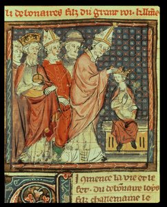 La coronación de Luis I el Piadoso (778-840) emperador del Sacro Imperio Romano por el Papa Esteban IV (papa 816-817) en Reims en 816, de las Grandes Crónicas de Francia, 1375-79 de French School