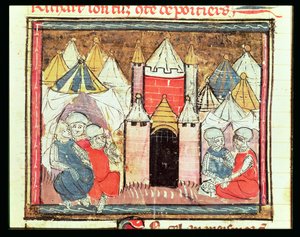 f.259r El asedio de Chateau-Gaillard en 1204 cuando Felipe Augusto de Francia (1165-1223) derrotó al rey Juan (Sin Tierra) de Inglaterra (1199-1216), de las Grandes Crónicas de Francia, 1375-79 de French School