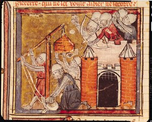 f.275r Asedio del castillo de Chinon, Grandes Crónicas de Francia, 1375-79