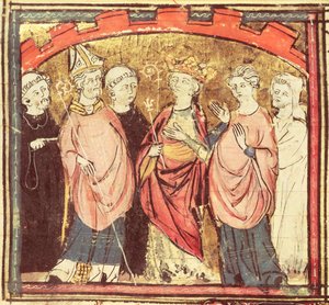 Dagoberto I (605-39), rey de los francos recibiendo el Reino de Francia, de las Grandes Crónicas de Francia, 1375-79