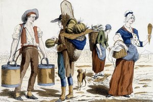 Ilustración de los trajes de París en el siglo XVIII: aguador, mercader de melones, chiffonnier, mercader de placeres. de French School