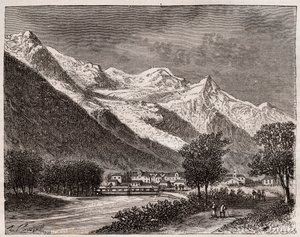 El valle de Chamonix y el Mont Blanc - grabado en “La France illustrée: géographie, histoire, administración statistique” por V.A. Malt-Brown. 1884 de French School