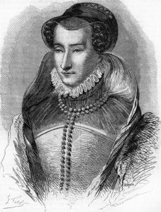 Retrato de Juana III de Albret (1528-1572), madre del Rey Enrique IV y esposa de Antonio de Borbón (1528-1572). En "Historia Popular de Francia", circa 1885. Grabado. de French School