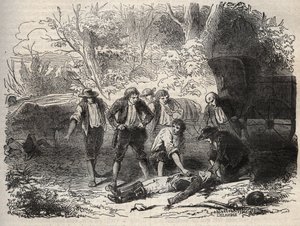 El caso del correo de Lyon - la malle-poste es atacada en Seine et Marne por 5 individuos el 28 de abril de 1796 - Grabado en "Causas célebres de todos los pueblos" por Armand Fouquier (1817-18?) 1858-1867 - colección privada de French School