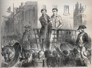 El caso del correo de Lyon - Caso del correo de Lyon: Joseph Lesurques y Couriol van a la guillotina el 3 de octubre de 1796 - Grabado en Causes celebres de tous les peuples por Armand Fouquier (1817-18?) 1858-1867 - colección privada