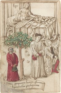 Un simio en púrpura con un hombre enfermo, un buen hombre y un avaro [fol. 36 verso]