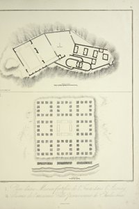 Plano de una vivienda inca fortificada en Assuay; y ruinas de la antigua ciudad peruana de Chulucanas, grabado por Bouquet, ilustración de 