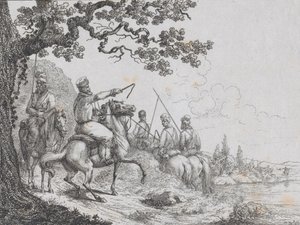 Cosacos cabalgando a lo largo de una ribera