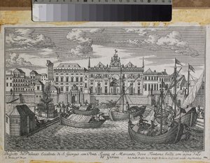 Plano de Génova que muestra el Puente Real, el Nuevo Puente de Mercanzia y el Palacio de San Jorge visto desde el mar, c.1750 (grabado) de Friedrich Bernhard Werner