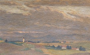 Paisaje de la tarde con la torre de la iglesia de Friedrich Hasslwander