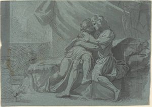Amantes abrazados en vestido clásico / Una mujer en vestido clásico mirando hacia arriba de Friedrich Heinrich Füger after Raphael