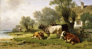 Ganado en un corral junto a un río con un pescador al fondo, 1881 de Friedrich Johann Voltz