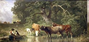 Ganado bebiendo en un estanque del bosque de Friedrich Johann Voltz