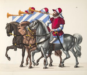 Tres músicos en un torneo, lámina de Una historia del desarrollo y costumbres de la caballería, por Dr. Franz Kottenkamp, publicado por Carl Hoffmann, 1842 de Friedrich Martin von Reibisch