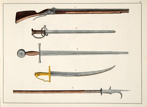 Armas incluyendo espadas y lanzas, c.1400, lámina de Una historia del desarrollo y costumbres de la caballería, por Dr. Franz Kottenkamp, publicado por Carl Hoffmann, 1842 de Friedrich Martin von Reibisch