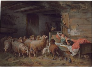 Placa que representa a un pastor dormido con su perro, un rebaño desatendido a su lado, finales del siglo XIX - principios del siglo XX de Friedrich Otto Gebler