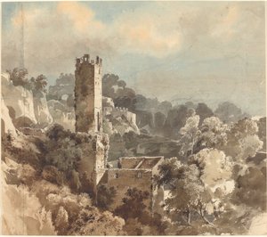 Ruinas de una Torre Fortificada entre Colinas Boscosas de Friedrich Salathé