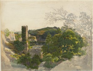 Ruinas de una Torre Fortificada entre Colinas Boscosas de Friedrich Salathé