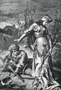 Duelo entre Juana de Arco y Lionel, ilustración para La doncella de Orleans, tragedia de Friedrich Schiller (1759-1805), grabado de Friedrich Schiller