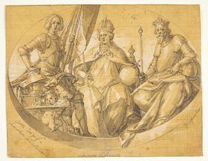 Boceto para una pintura de techo ovalada(?) representando a los reyes Otto el Grande (912-973), Luis el Rico (1417-1479) y Ruprecht (1352-1410) de Friedrich Sustris
