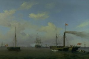 La escuadra danesa anclada en la rada de Warnemünde. Sus altezas reales el príncipe heredero y la princesa heredera llegan en el vapor "Kiel" a la escuadra, y el buque de guerra "Christian el Octavo" comienza a saludar de Friedrich Theodore Kloss