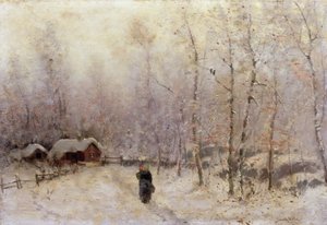 Mujer con niño en paisaje invernal (óleo sobre lienzo)