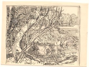 Un lago con cuatro cisnes de Fritz Syberg