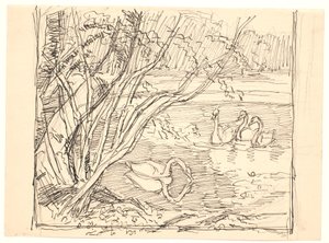 Un lago con cuatro cisnes de Fritz Syberg