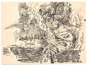 Un lago en el bosque con dos botes de remos de Fritz Syberg