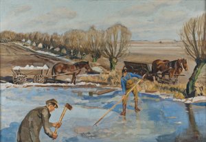 Trabajadores de granja recogiendo hielo