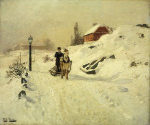 Un trineo tirado por caballos en un paisaje invernal de Frits Thaulow