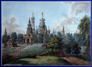 El Monasterio de la Nueva Jerusalén. Arquitectura ortodoxa rusa, en Istra, cerca de Moscú. Obra de Fyodor Yakovlevich Alexeyev (1753-1824), acuarela y tinta sobre papel, hacia 1800. Arte ruso, principios del siglo XIX, clasicismo. S t de Fyodor Alexeyev