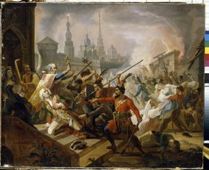 Guerra de los campesinos rusos de 1773-1775 (Yaik Cossack Jacquerie): la batalla de Kazán en julio de 1774, escenario de la revuelta de Emelian Ivanovich Pugachev (Iemelian o Emilian Pugachov) (1742-1775). (La batalla de Pugachev en Kazán en julio de 1774. de Fyodor Antonovich Molier