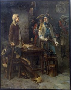 "Le tsar Pierre III rend visite a Ivan VI (1740-1764) enferme dans la forteresse de Chlisselbourg (Schlusselbourg) en 1762 (1728-1762)" El emperador Pedro III visitando a Iván VI Antonovich en la fortaleza de Shlisselburg en 1762 - Peinture de Fyodor Yemel