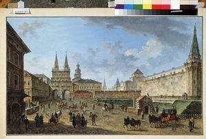 Moscú, Vista de la Puerta de la Resurrección en la Plaza Roja. Pintura de Fyodor Yakovlevich Alexeev (1753-1824). Acuarela y gouache sobre papel, 58,2 x 91,2 cm, ca. 1801. Arte ruso, clasicismo. Museo de