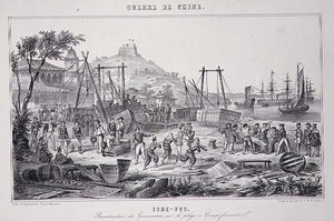 Reensamblaje de cañoneras en la playa de Tche-Fou, de 