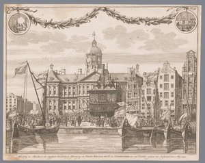 Una multitud en la plaza Dam de Ámsterdam celebra la proclamación de Guillermo IV como jefe de estado
Representación del pueblo y de los estandartes desplegados con motivo de la proclamación del príncipe Guillermo IV como jefe de estado, etc., de Holanda, de G.J. Marstaller