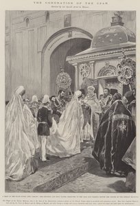 La coronación del zar, una parada en la entrada estatal a Moscú, el crucifijo y el agua bendita presentados al zar y la zarina antes de la capilla de la Virgen de Iberia de G.S. Amato