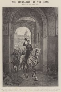 La coronación del zar, la entrada estatal en Moscú, el zar pasando por la Puerta Santa hacia el Kremlin de G.S. Amato