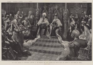 La apertura del Parlamento, 16 de enero, Su Majestad el Rey leyendo su discurso desde el trono en la Cámara de los Lores