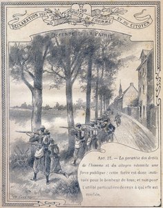 1789: Declaración de los Derechos del Hombre y del Ciudadano: Defensa de la patria. Grabado en "El libro único de moral e instrucción cívica, destinado a los alumnos de los tres cursos de la Escuela primaria y a los de las clases primarias de los Liceos y 