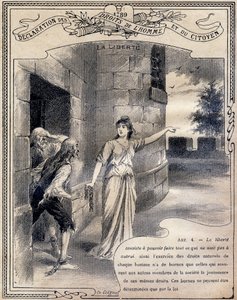 1789: Declaración de los derechos del hombre y del ciudadano: La libertad. Grabado en "El libro único de moral e instrucción cívica, destinado a los alumnos de los tres cursos de la Escuela primaria y a los de las clases primarias de los Liceos y Colegios" de G. Dascher
