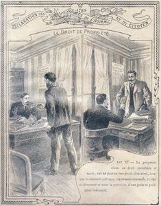 1789: Declaración de los derechos del hombre y del ciudadano: El derecho de propiedad. Grabado en "El libro único de moral e instrucción cívica, destinado a los alumnos de los tres cursos de la Escuela primaria y a los de las clases primarias de los Liceos de G. Dascher