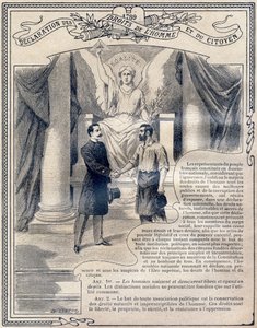 1789: Declaración de los Derechos del Hombre y del Ciudadano: Igualdad. Grabado en "Le livre unique de morale et d